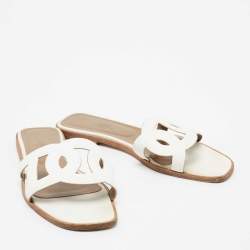Hermes White Leather Omaha Flat Slides Size 40