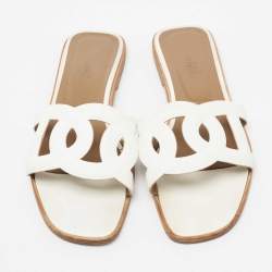 Hermes White Leather Omaha Flat Slides Size 40