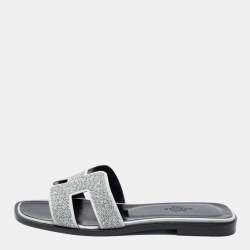 Hermes Silver/Grey Crystals and Suede Trim Oran Flat Slides Size 36