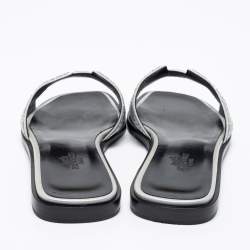 Hermes Silver/Grey Crystals and Suede Trim Oran Flat Slides Size 36