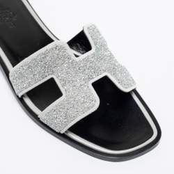 Hermes Silver/Grey Crystals and Suede Trim Oran Flat Slides Size 36