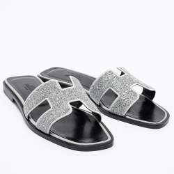Hermes Silver/Grey Crystals and Suede Trim Oran Flat Slides Size 36