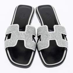 Hermes Silver/Grey Crystals and Suede Trim Oran Flat Slides Size 36