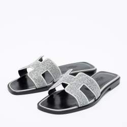 Hermes Silver/Grey Crystals and Suede Trim Oran Flat Slides Size 36