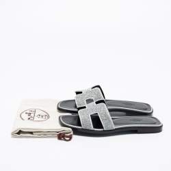Hermes Silver/Grey Crystals and Suede Trim Oran Flat Slides Size 36