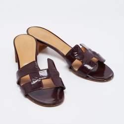 Hermes Burgundy Patent Leather Oasis Slide Sandals Size 38.5