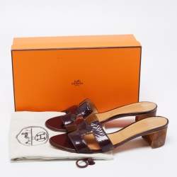 Hermes Burgundy Patent Leather Oasis Slide Sandals Size 38.5