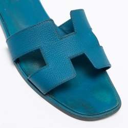 Pre Owned Hermes Blue Leather Oran Flat Sandals Size 39