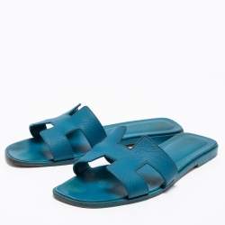 Pre Owned Hermes Blue Leather Oran Flat Sandals Size 39