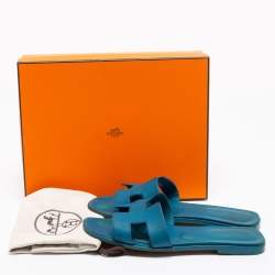 Pre Owned Hermes Blue Leather Oran Flat Sandals Size 39