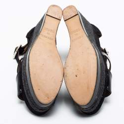 Hermes Black Suede and Patent Leather Ilana Espadrille Wedge Platform Sandals Size 38