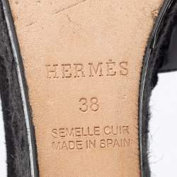 Hermes Black Suede and Patent Leather Ilana Espadrille Wedge Platform Sandals Size 38