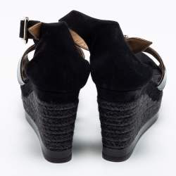 Hermes Black Suede and Patent Leather Ilana Espadrille Wedge Platform Sandals Size 38
