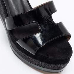 Hermes Black Suede and Patent Leather Ilana Espadrille Wedge Platform Sandals Size 38