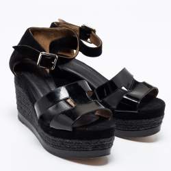 Hermes Black Suede and Patent Leather Ilana Espadrille Wedge Platform Sandals Size 38