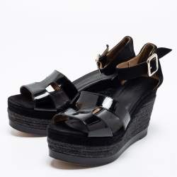 Hermes Black Suede and Patent Leather Ilana Espadrille Wedge Platform Sandals Size 38