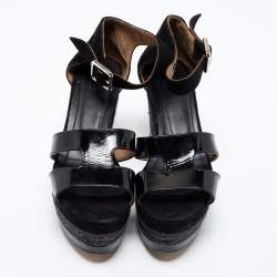 Hermes Black Suede and Patent Leather Ilana Espadrille Wedge Platform Sandals Size 38