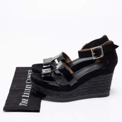 Hermes Black Suede and Patent Leather Ilana Espadrille Wedge Platform Sandals Size 38