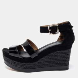 Hermes Black Suede and Patent Leather Ilana Espadrille Wedge Platform Sandals Size 38