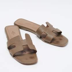 Pre Owned Hermes Tortilla Brown Leather Oran Flat Slide Sandals Size 40.5