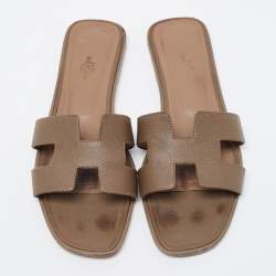 Pre Owned Hermes Tortilla Brown Leather Oran Flat Slide Sandals Size 40.5