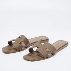 Pre Owned Hermes Tortilla Brown Leather Oran Flat Slide Sandals Size 40.5