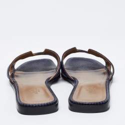 مملوكة مسبقًا صندل سلايد هيرمس أوران فلات جلد سحلية أزرق كحلي مقاس 39.5