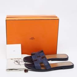 مملوكة مسبقًا صندل سلايد هيرمس أوران فلات جلد سحلية أزرق كحلي مقاس 39.5
