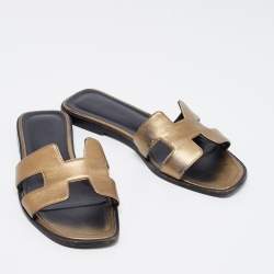 Hermes Metallic Leather Oran Flats Size 37