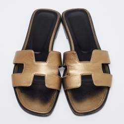 Hermes Metallic Leather Oran Flats Size 37