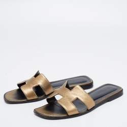Hermes Metallic Leather Oran Flats Size 37