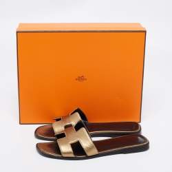 Hermes Metallic Leather Oran Flats Size 37