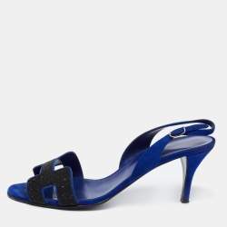 Hermès Blue/Black Suede And Crystal Premiere Slingback Sandals Size 39.5