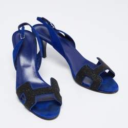 Hermès Blue/Black Suede And Crystal Premiere Slingback Sandals Size 39.5