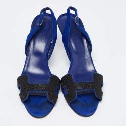 Hermès Blue/Black Suede And Crystal Premiere Slingback Sandals Size 39.5