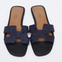 Hermès  Navy Blue Lizard Leather Embossed Oran Sandals Size 36.5