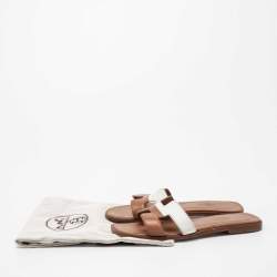 Pre Owned Hermes Brown/White  Leather Oran Flat Slides Size 36