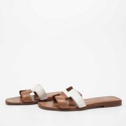 Pre Owned Hermes Brown/White  Leather Oran Flat Slides Size 36