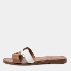 Pre Owned Hermes Brown/White  Leather Oran Flat Slides Size 36