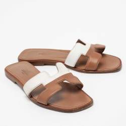 Pre Owned Hermes Brown/White  Leather Oran Flat Slides Size 36