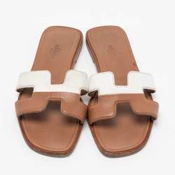 Pre Owned Hermes Brown/White  Leather Oran Flat Slides Size 36