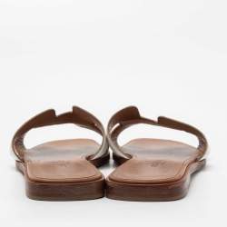 Pre Owned Hermes Brown/White  Leather Oran Flat Slides Size 36