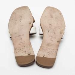Pre Owned Hermes Brown/White  Leather Oran Flat Slides Size 36