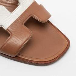Pre Owned Hermes Brown/White  Leather Oran Flat Slides Size 36