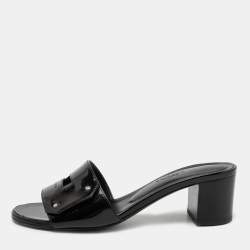 Hermes Black Patent Leather View Slide Sandals Size 35