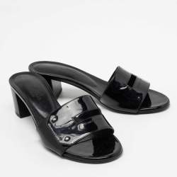 Hermes Black Patent Leather View Slide Sandals Size 35