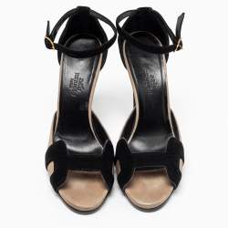 Pre Owned Hermes Black/Gold Suede Premiere Ankle-Strap Sandals Size 38