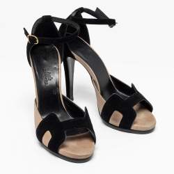 Pre Owned Hermes Black/Gold Suede Premiere Ankle-Strap Sandals Size 38