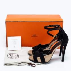 Pre Owned Hermes Black/Gold Suede Premiere Ankle-Strap Sandals Size 38