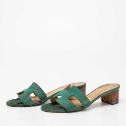 Hermes Green Suede Oasis Slide Sandals Size 38